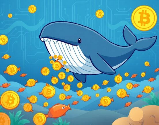 Cartoon illustration of a whale distributing Bitcoin, symbolizing the decline in average BTC whale holdings.