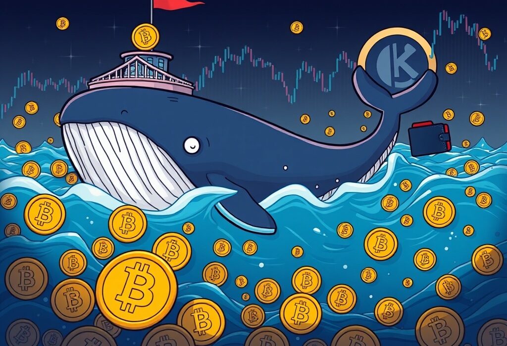 Cartoon illustrating a substantial BTC whale transfer of 2,000 Bitcoin from a known exchange to an unknown wallet, indicating significant market activity.