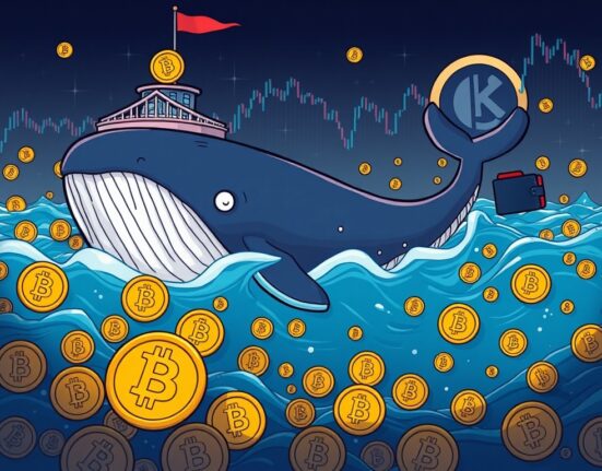 Cartoon illustrating a substantial BTC whale transfer of 2,000 Bitcoin from a known exchange to an unknown wallet, indicating significant market activity.