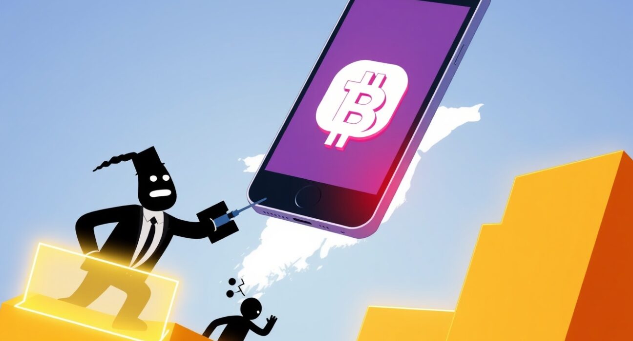 BTCC illegal operations in South Korea depicted through cartoon smartphone bypassing regulatory barriers