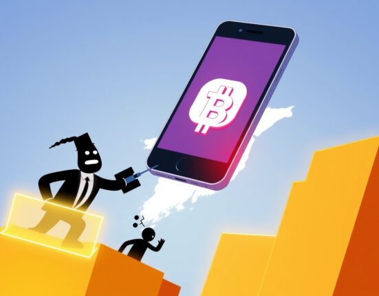 BTCC illegal operations in South Korea depicted through cartoon smartphone bypassing regulatory barriers