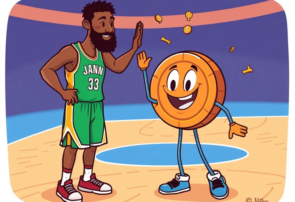 Cartoon illustration of a basketball player shaking hands with a crypto exchange character, symbolizing the BTCC Jaren Jackson Jr. global brand ambassador partnership.