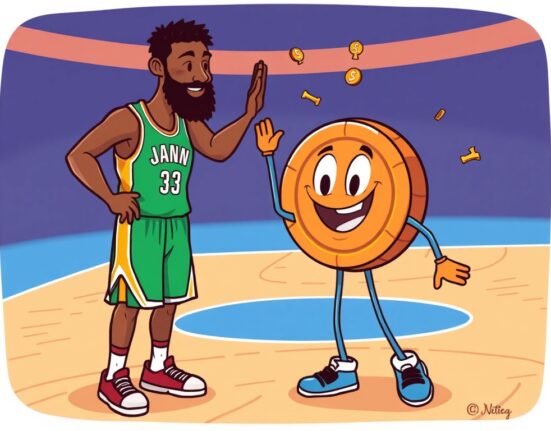 Cartoon illustration of a basketball player shaking hands with a crypto exchange character, symbolizing the BTCC Jaren Jackson Jr. global brand ambassador partnership.