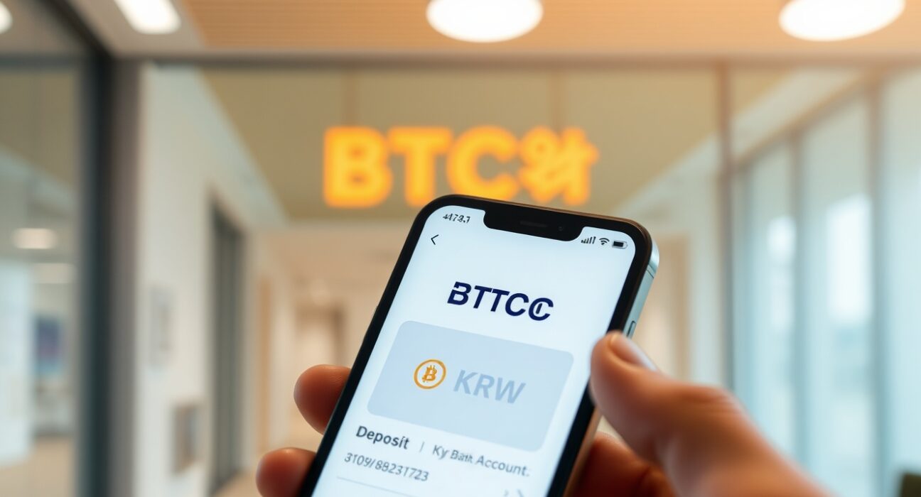 Smartphone displaying BTCC exchange deposit page with Korean won and bank account details