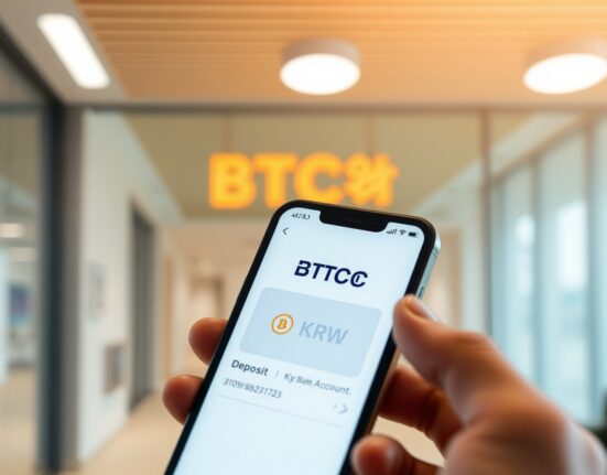 Smartphone displaying BTCC exchange deposit page with Korean won and bank account details