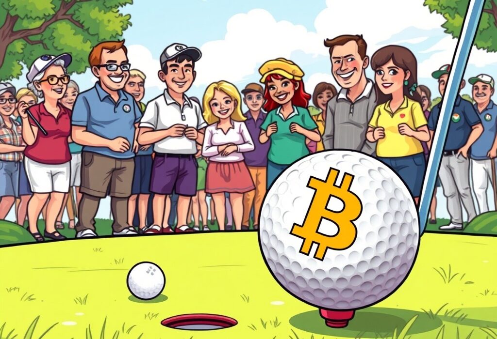 A cartoon illustration of a golf event highlighting BTCC sponsorship and its commitment to community impact through crypto donations.