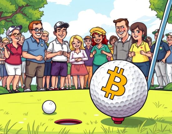 A cartoon illustration of a golf event highlighting BTCC sponsorship and its commitment to community impact through crypto donations.