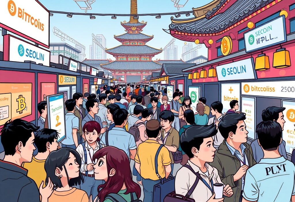 Cartoon illustration of professionals networking at the BTCFi SeoulMate event, discussing Bitcoin finance innovations.