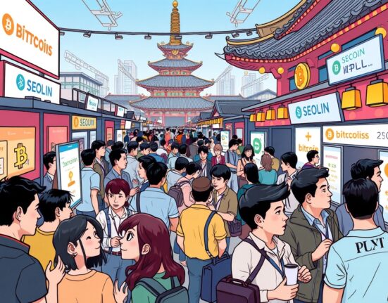 Cartoon illustration of professionals networking at the BTCFi SeoulMate event, discussing Bitcoin finance innovations.