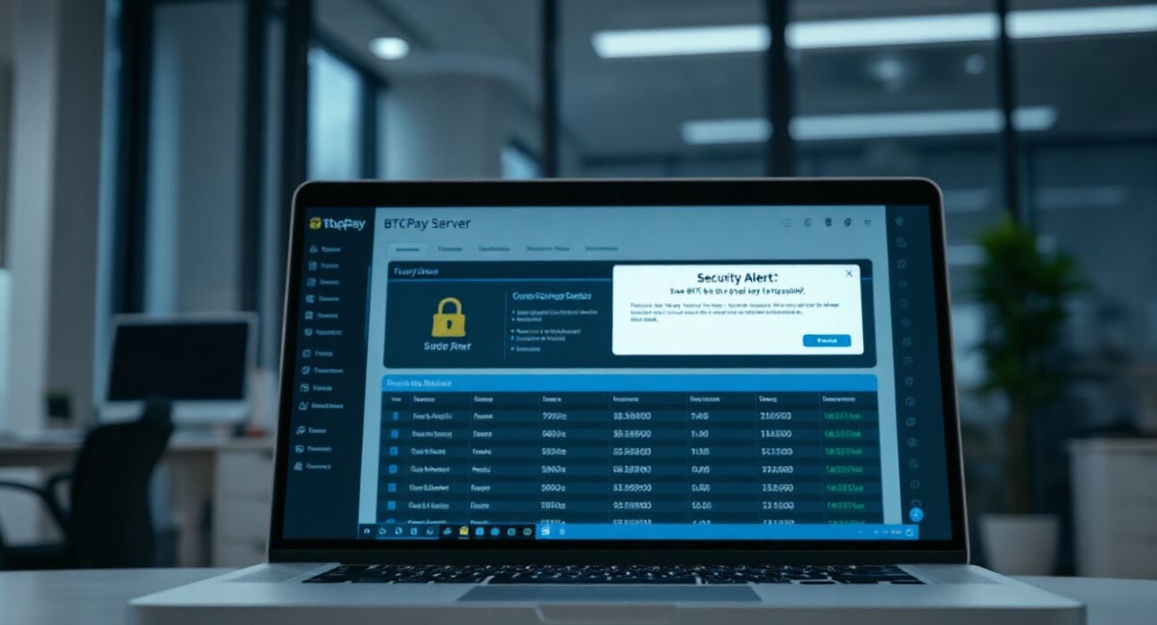 BTCPay Server dashboard showing security alert on a laptop