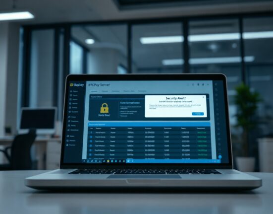 BTCPay Server dashboard showing security alert on a laptop