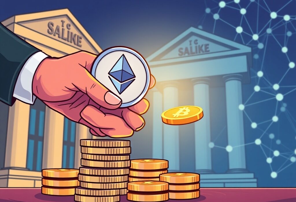 A cartoon illustration showing the revolutionary impact of an ETH dividend bridging traditional finance with the crypto world.