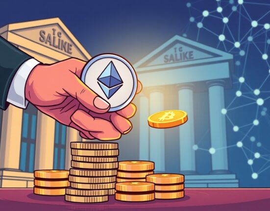 A cartoon illustration showing the revolutionary impact of an ETH dividend bridging traditional finance with the crypto world.