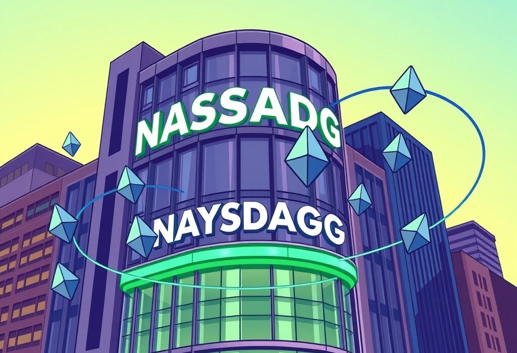 Cartoon illustration of a corporate building with Ethereum symbols, representing Nasdaq-listed BTCS Ethereum holdings and strategic crypto investment.