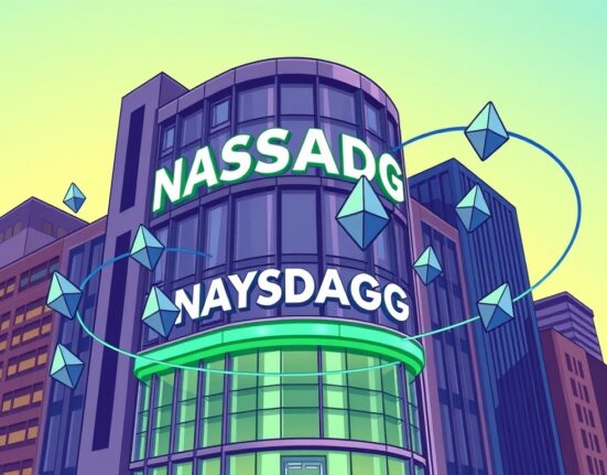 Cartoon illustration of a corporate building with Ethereum symbols, representing Nasdaq-listed BTCS Ethereum holdings and strategic crypto investment.
