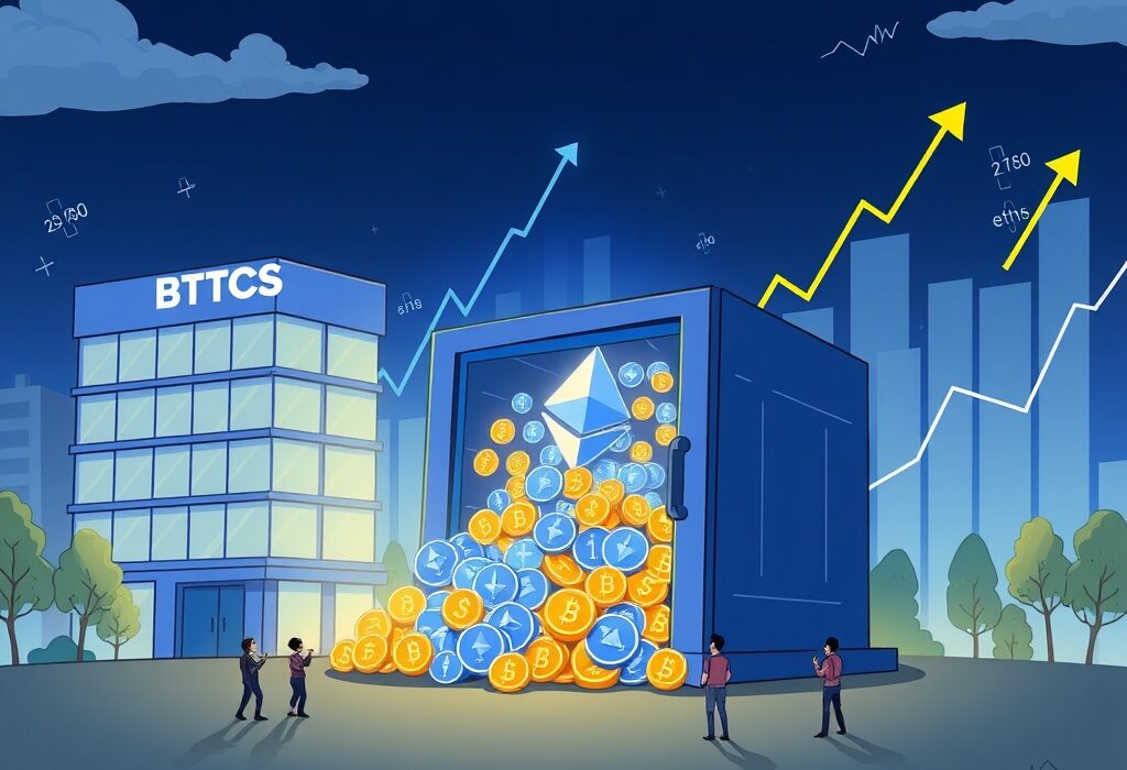 A cartoon illustration showing BTCS Ethereum holdings growing substantially, symbolizing strategic investment and confidence in digital assets.