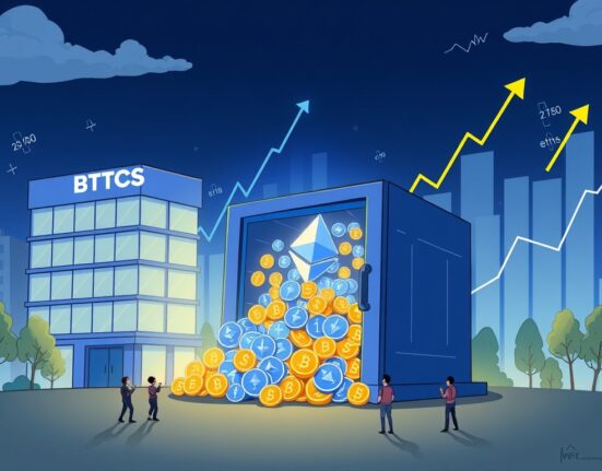 A cartoon illustration showing BTCS Ethereum holdings growing substantially, symbolizing strategic investment and confidence in digital assets.