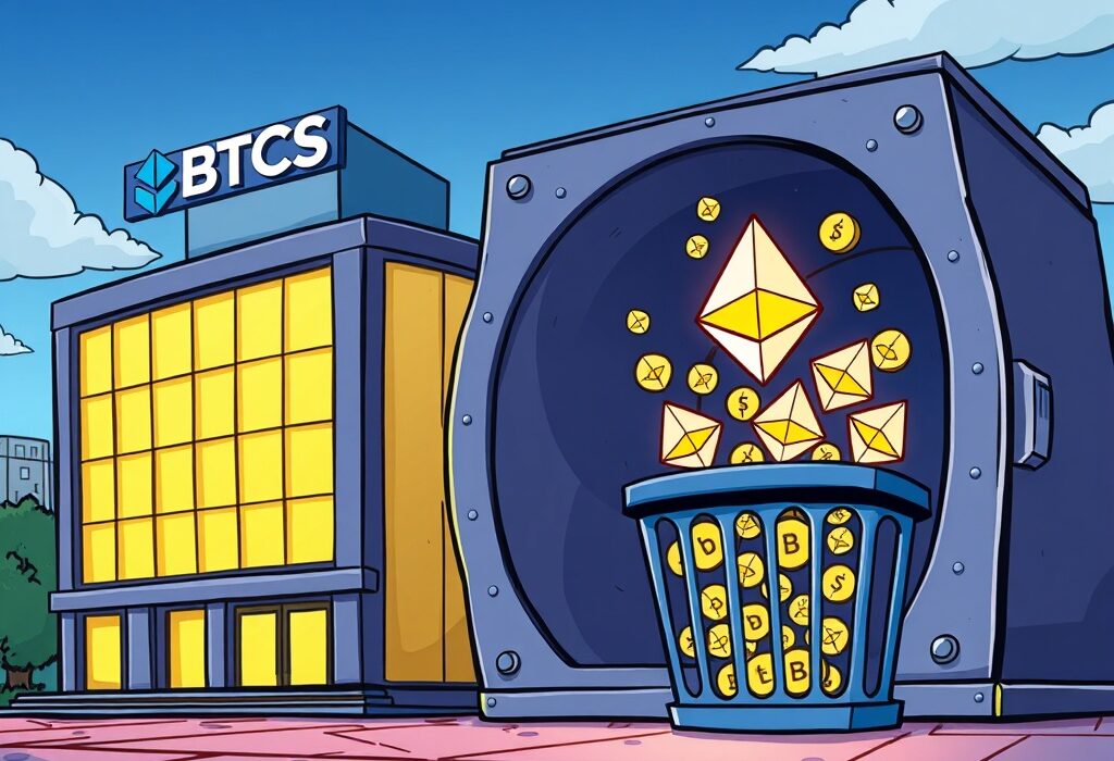 A cartoon illustration showing BTCS potentially acquiring a massive amount of Ethereum, symbolizing its strategic financial move.