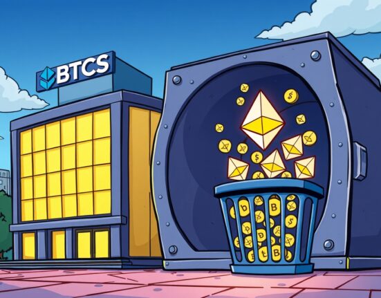 A cartoon illustration showing BTCS potentially acquiring a massive amount of Ethereum, symbolizing its strategic financial move.