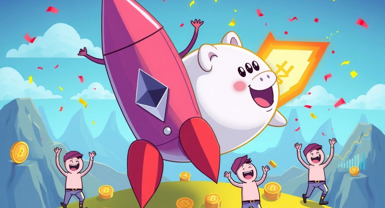 BTCS record Q3 revenue celebration with digital currency rocket and Ethereum symbols