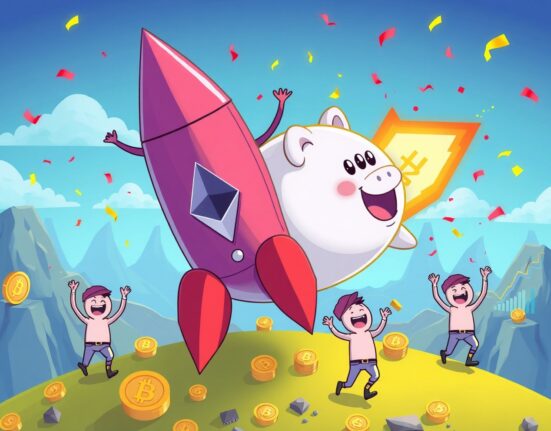 BTCS record Q3 revenue celebration with digital currency rocket and Ethereum symbols