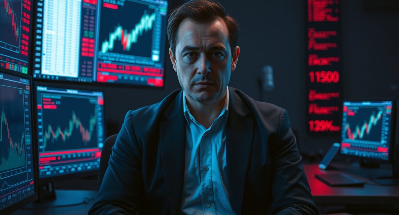 Analyst examining blockchain transaction screens and price charts in a dimly lit office, highlighting potential market manipulation.