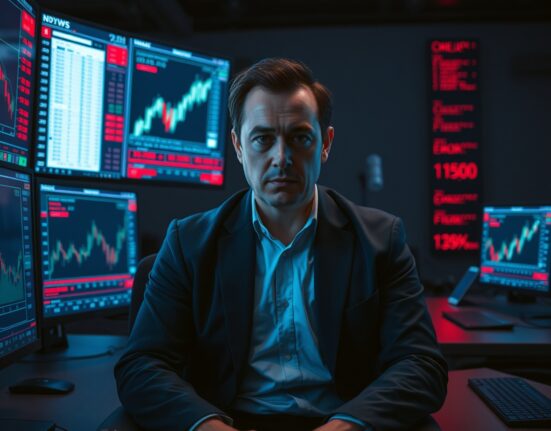 Analyst examining blockchain transaction screens and price charts in a dimly lit office, highlighting potential market manipulation.