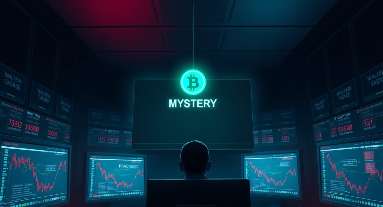 Blockchain analytics monitors showing MYSTERY token sniping activity in a dark server room