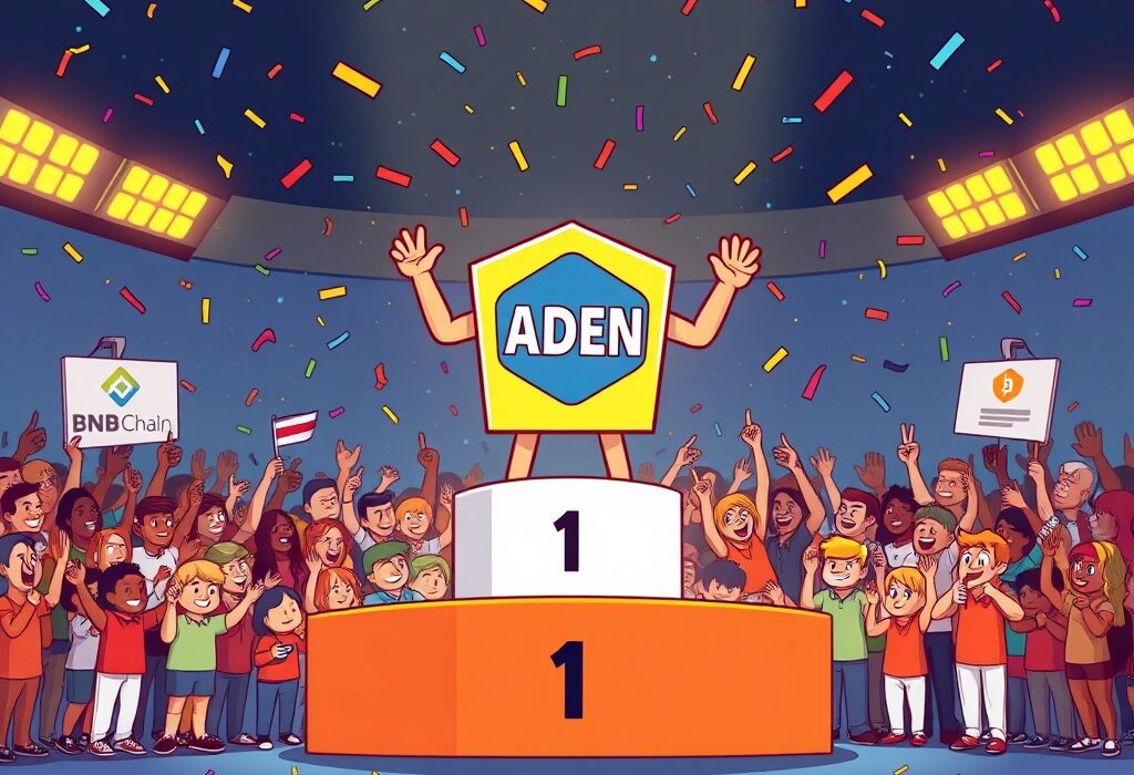 Cartoon illustration of the triumphant Buckscoin ADEN DEX winning a prestigious award, symbolizing its success in the crypto ecosystem.