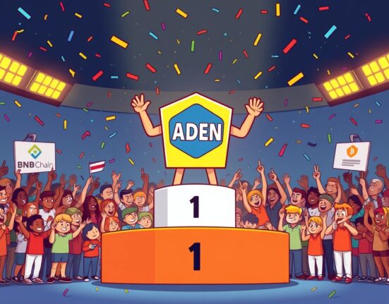 Cartoon illustration of the triumphant Buckscoin ADEN DEX winning a prestigious award, symbolizing its success in the crypto ecosystem.