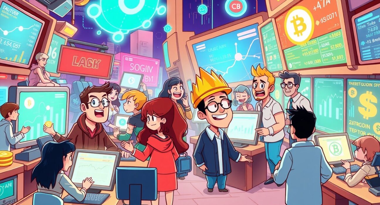 A vibrant cartoon illustration of a transparent prediction market platform with blockchain elements and trading activity.