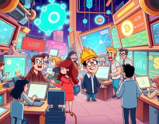A vibrant cartoon illustration of a transparent prediction market platform with blockchain elements and trading activity.