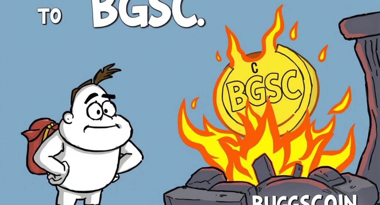 Cartoon illustration of a significant Bugscoin token burn event, showing BGSC coins being removed from circulation to boost trust.