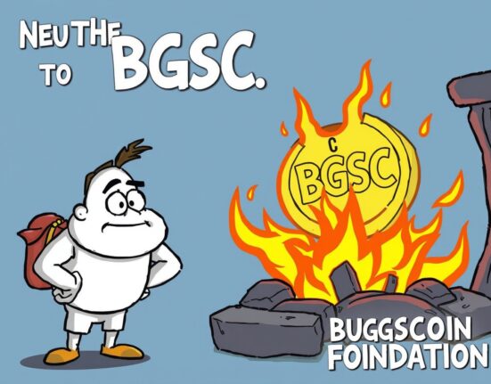 Cartoon illustration of a significant Bugscoin token burn event, showing BGSC coins being removed from circulation to boost trust.