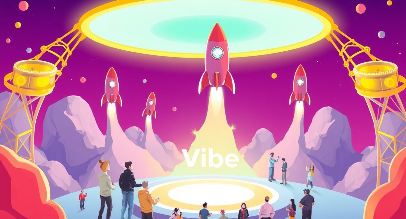 A cartoon illustration showing the Buidlpad Vibe platform as a launchpad for early-stage crypto projects.