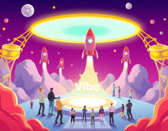 A cartoon illustration showing the Buidlpad Vibe platform as a launchpad for early-stage crypto projects.