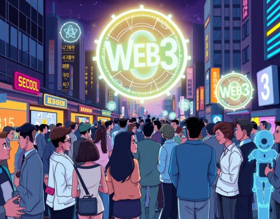 A vibrant cartoon scene of the collaborative Builder Night Seoul Summit for AI and Web3 networking.