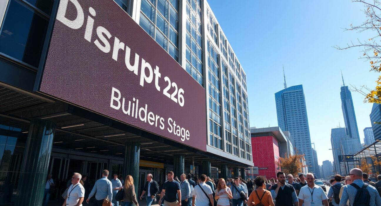 Moscone Center hosting Bitcoin World Disrupt 2026 with Builders Stage sign and attendees