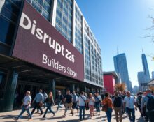 Moscone Center hosting Bitcoin World Disrupt 2026 with Builders Stage sign and attendees