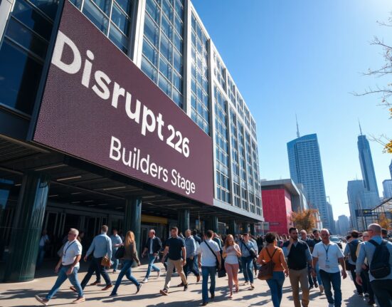 Moscone Center hosting Bitcoin World Disrupt 2026 with Builders Stage sign and attendees