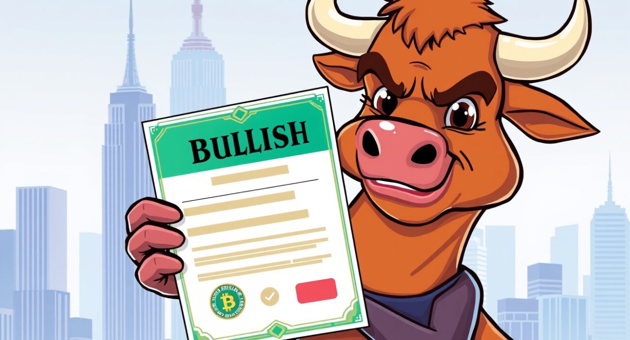 A cartoon bull proudly displays its Bullish BitLicense, symbolizing a major regulatory achievement for institutional crypto services in New York.