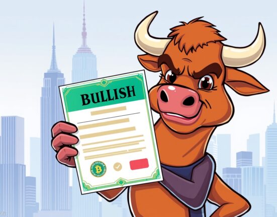 A cartoon bull proudly displays its Bullish BitLicense, symbolizing a major regulatory achievement for institutional crypto services in New York.