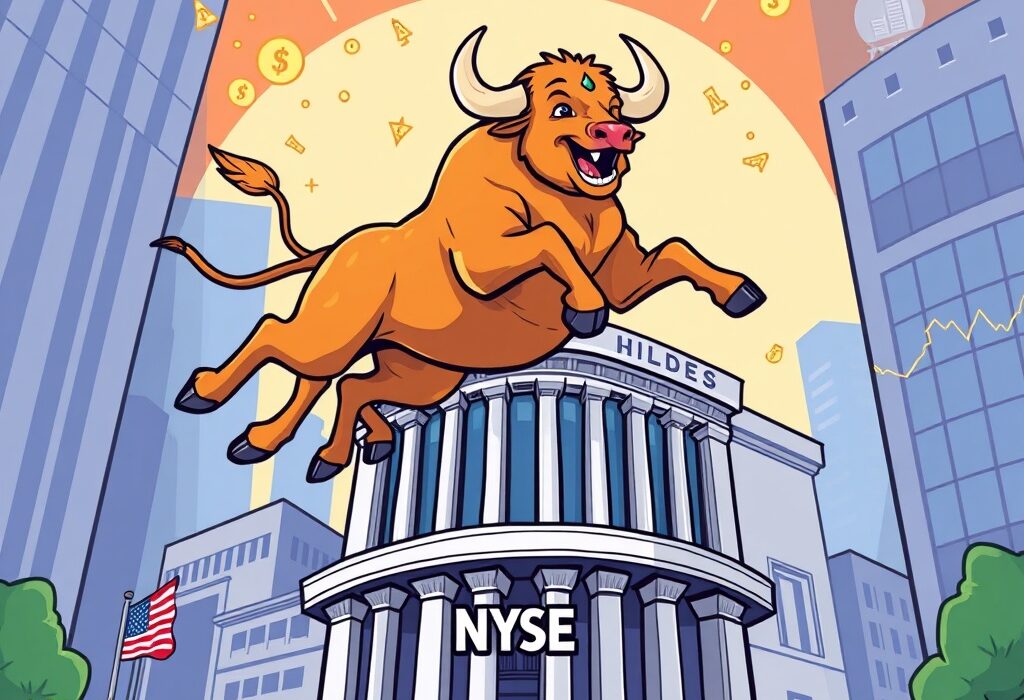 A cartoon bull celebrating on Wall Street, symbolizing the significant Bullish crypto exchange debut on the NYSE and its impact on digital asset trading.