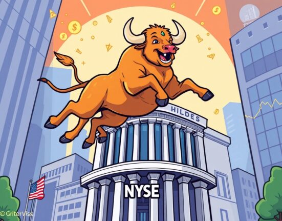 A cartoon bull celebrating on Wall Street, symbolizing the significant Bullish crypto exchange debut on the NYSE and its impact on digital asset trading.