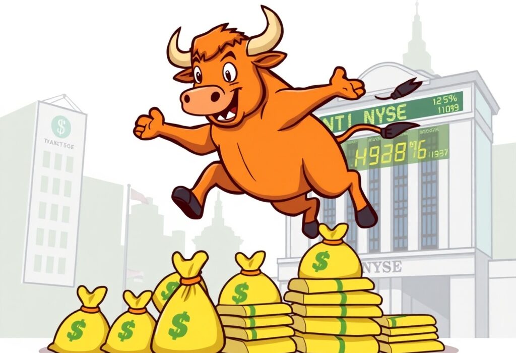 A cartoon bull representing Bullish crypto exchange celebrating its impressive market cap growth and strong BLSH stock performance.