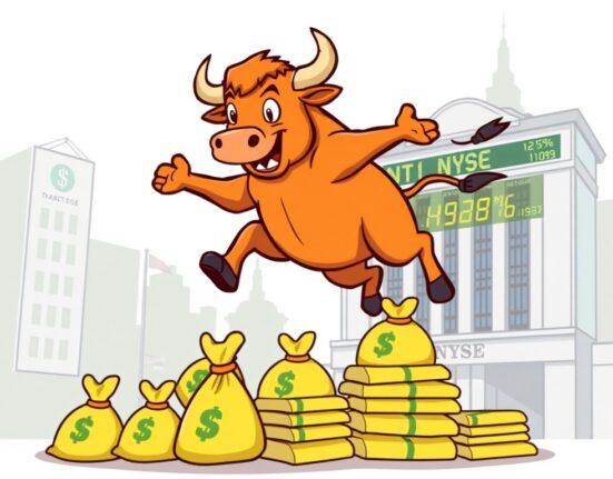 A cartoon bull representing Bullish crypto exchange celebrating its impressive market cap growth and strong BLSH stock performance.