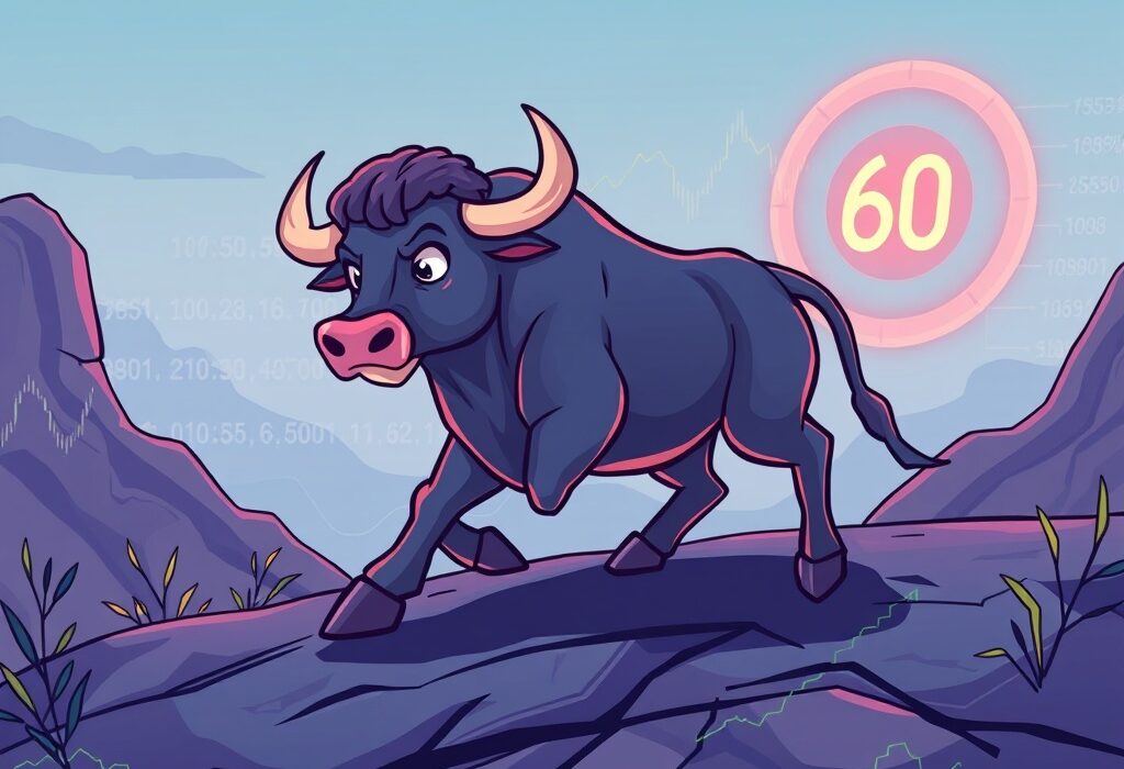 Cartoon bull confidently moving towards a $60 target, symbolizing the growth potential of Bullish crypto exchange.