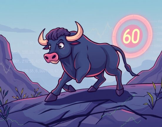 Cartoon bull confidently moving towards a $60 target, symbolizing the growth potential of Bullish crypto exchange.