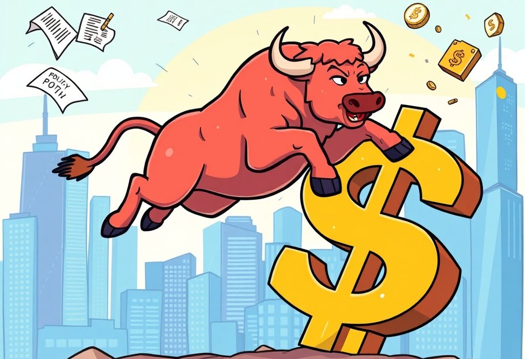 A cartoon bull leaps over a dollar sign, symbolizing the significant Bullish IPO and its impact on digital asset markets.