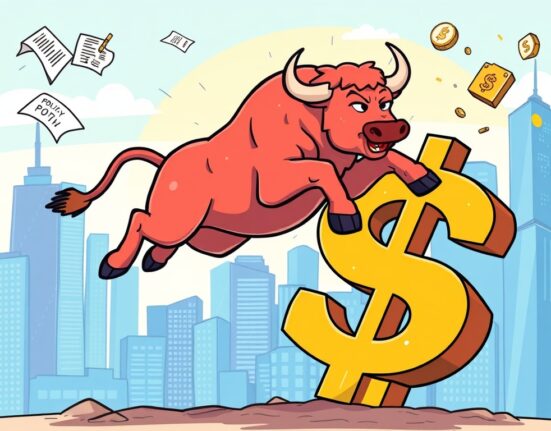A cartoon bull leaps over a dollar sign, symbolizing the significant Bullish IPO and its impact on digital asset markets.